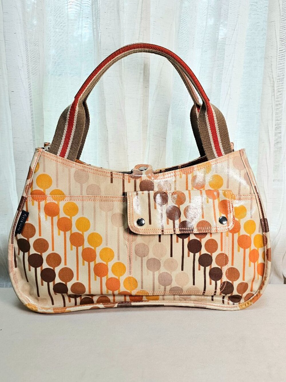 Orla Kiely Rare Vintage Coated Canvas Handbag Orange Brown Mod Shoulder